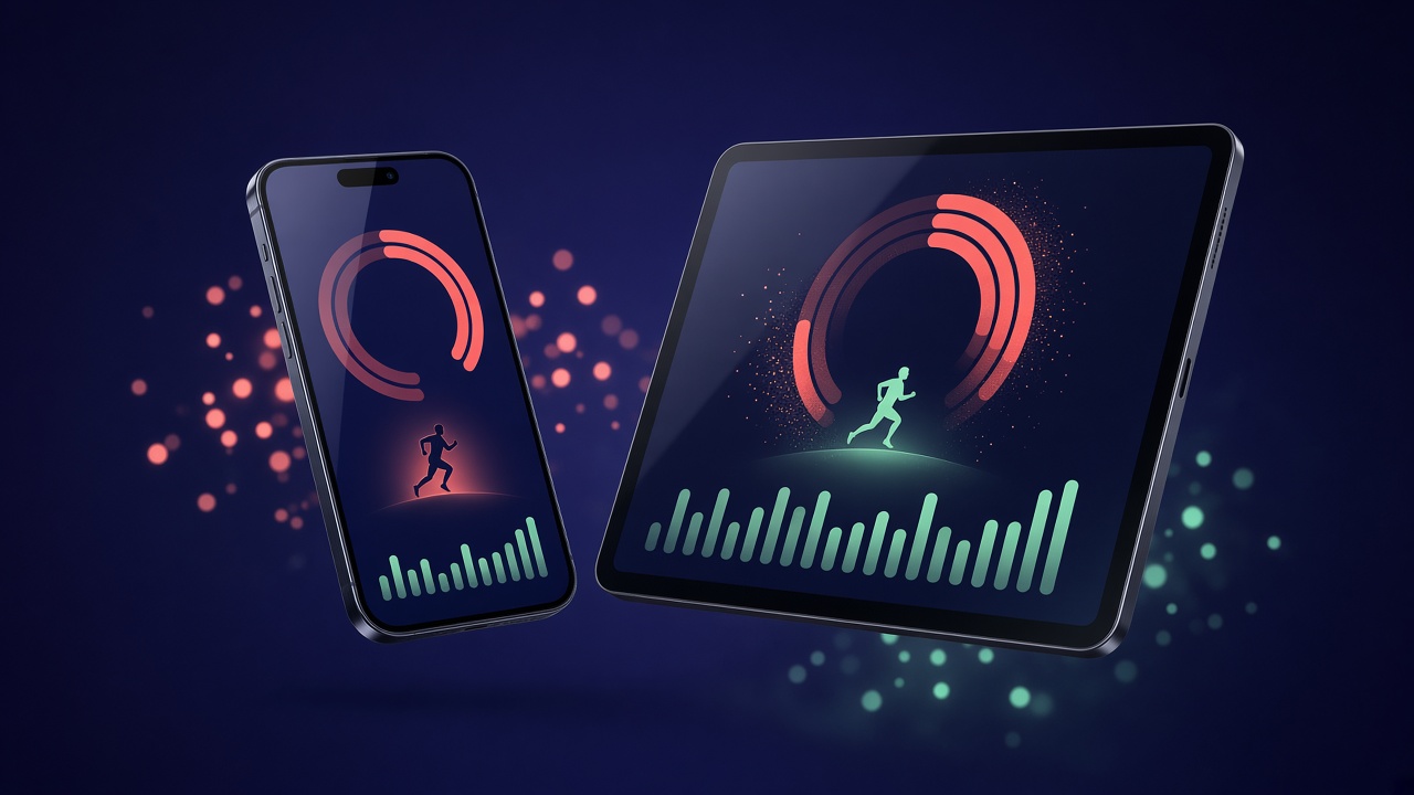 Smartphone and tablet showing Iron Habit’s dark fitness interface