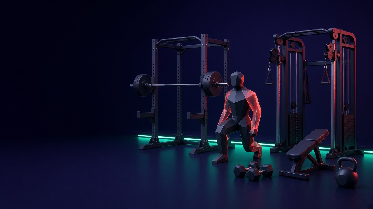 Illustrated gym with a squat rack, cables, machines, and free weights