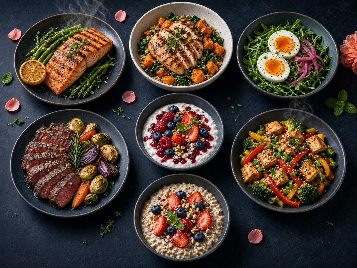A spread of high-protein meals laid out like a weekly diet