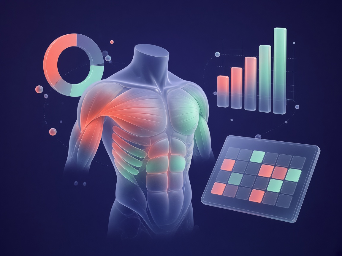 Illustrated glass figure with a muscle heatmap and progress charts
