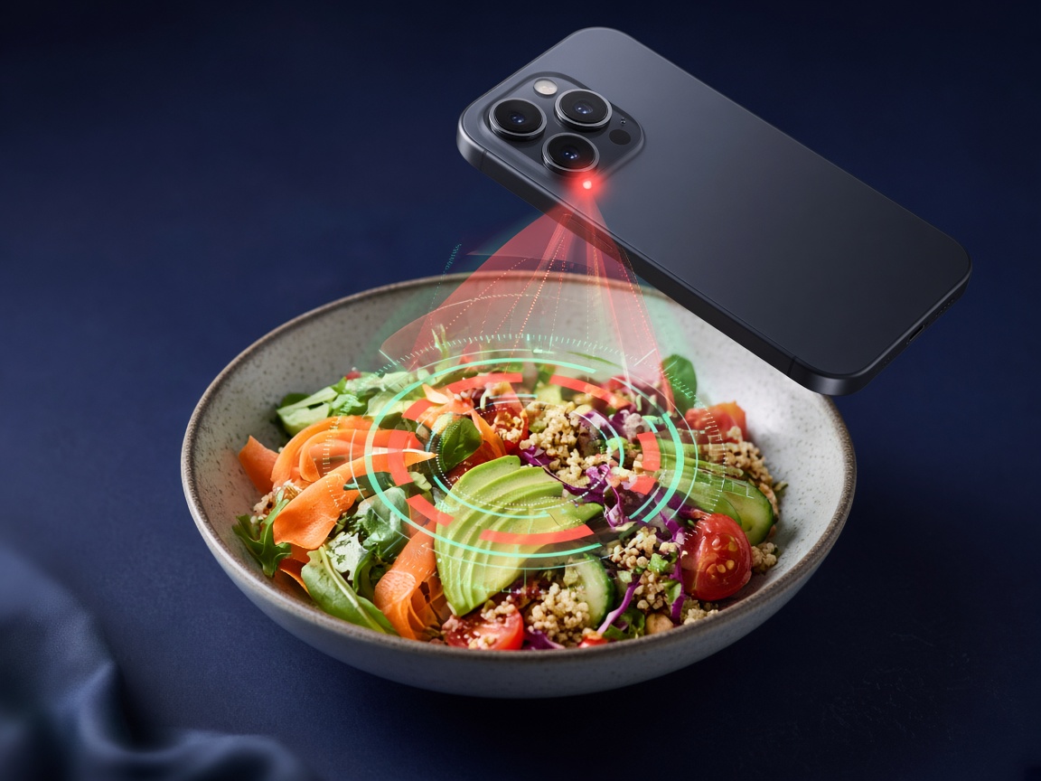 Phone scanning a plated meal with a holographic nutrition overlay