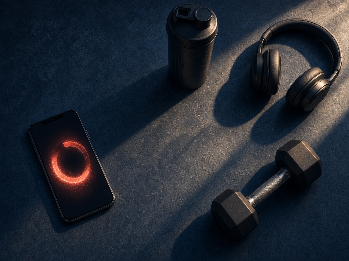 Morning training still-life with a glowing calorie ring on a phone