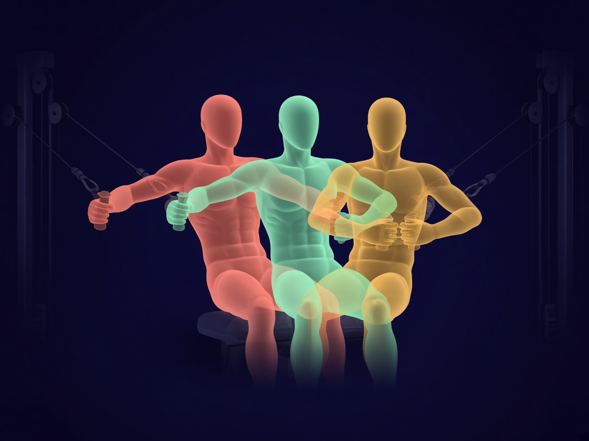 Illustrated motion frames of a cable exercise in coral and mint light